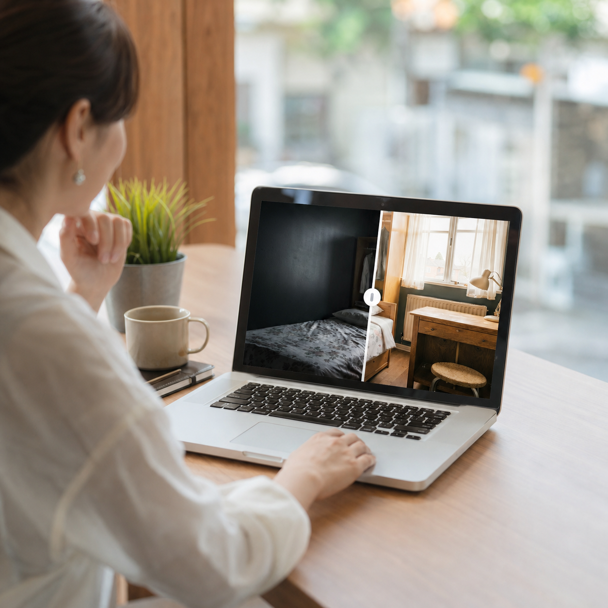 AI補正後の写真をPC画面で確認している様子